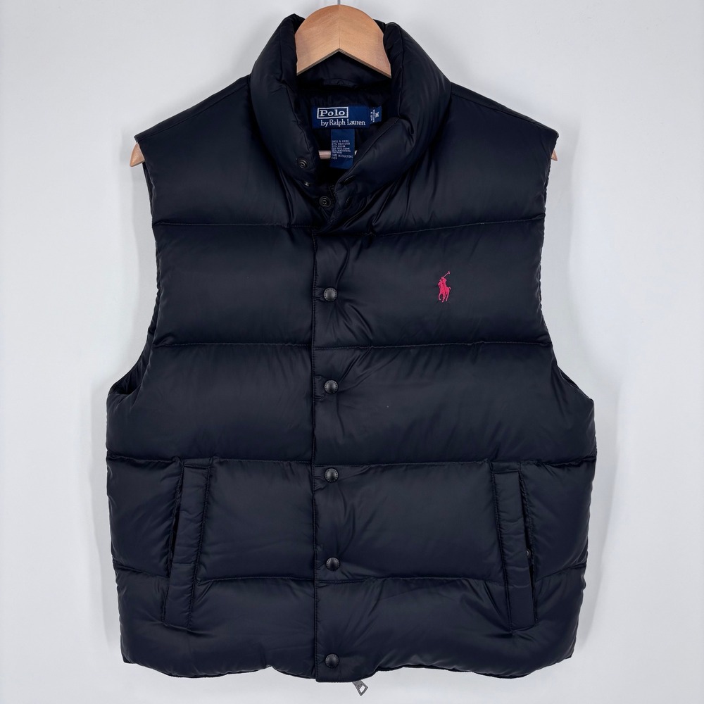 VTG Polo Ralph Lauren Puffer Down Vest Mens M Black Red Pony Logo Preppy